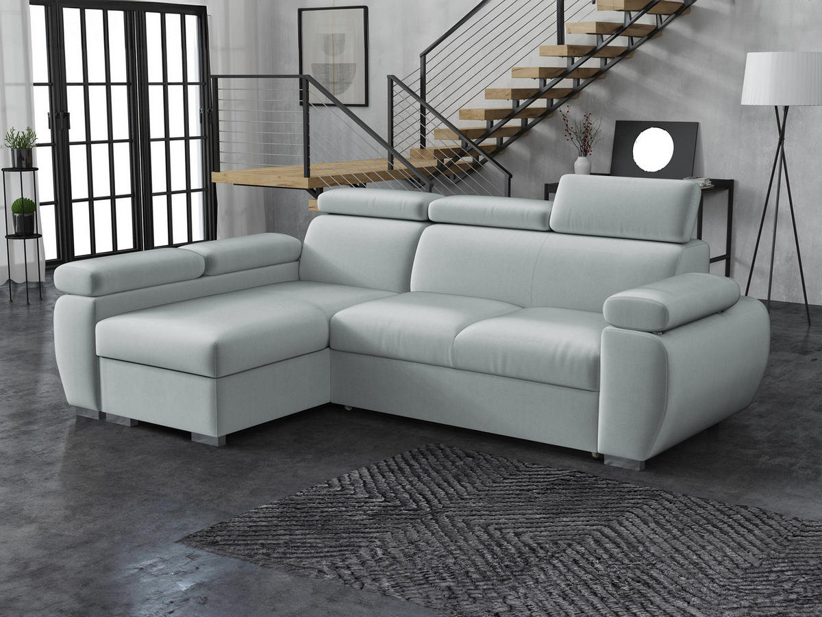 ECKSOFA Boston Mini, Seite: Links - LC+2R - Chromfarben/Blaugrau, Holz/Textil (255/170cm) - MIRJAN24