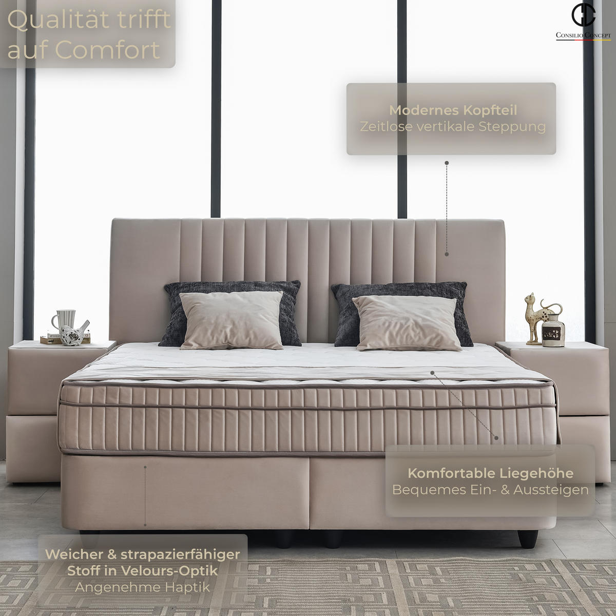 BOXSPRINGBETT MIT BETTKASTEN CARL 140/200 cm, Beige, Bettkasten, Matratze, Topper integriert, H3 mittel 7-Zonen Matratze - Beige/Schwarz, Holz/Kunststoff (140/200cm) - Consilio Concept