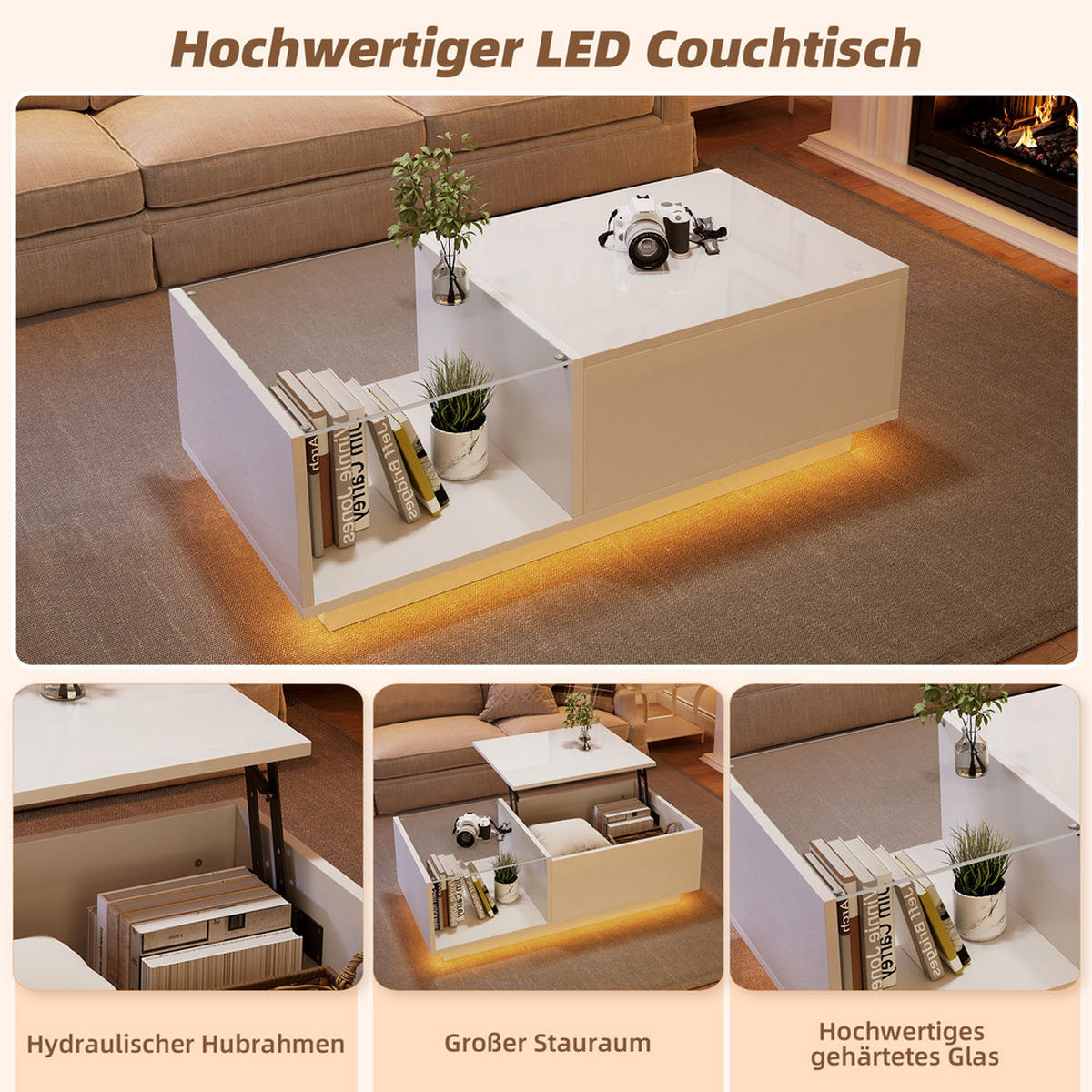COUCHTISCH 100x50cm LED Höhenverstellbar Weiß Hochglanz Stauraum - Weiß, Holz (109.22/57.15/12.7cm) - FLIEKS