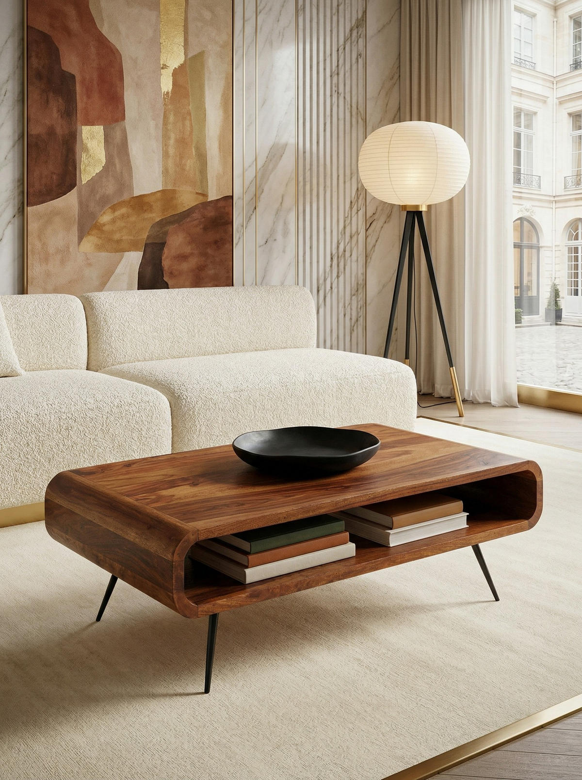 WOHNZIMMERTISCH Massivholz Sheesham, Modernes Design mit Staufach - Schwarz/Braun, Holz/Metall (55/90/30cm) - KADIMA DESIGN