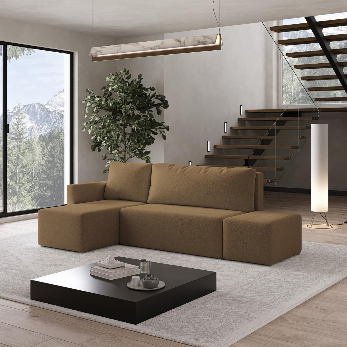 ECKSOFA VELOTTI L-S Orange Boucle-Stoff mit Schlaffunktion - Orange, Holz (261/143cm) - MASSENO