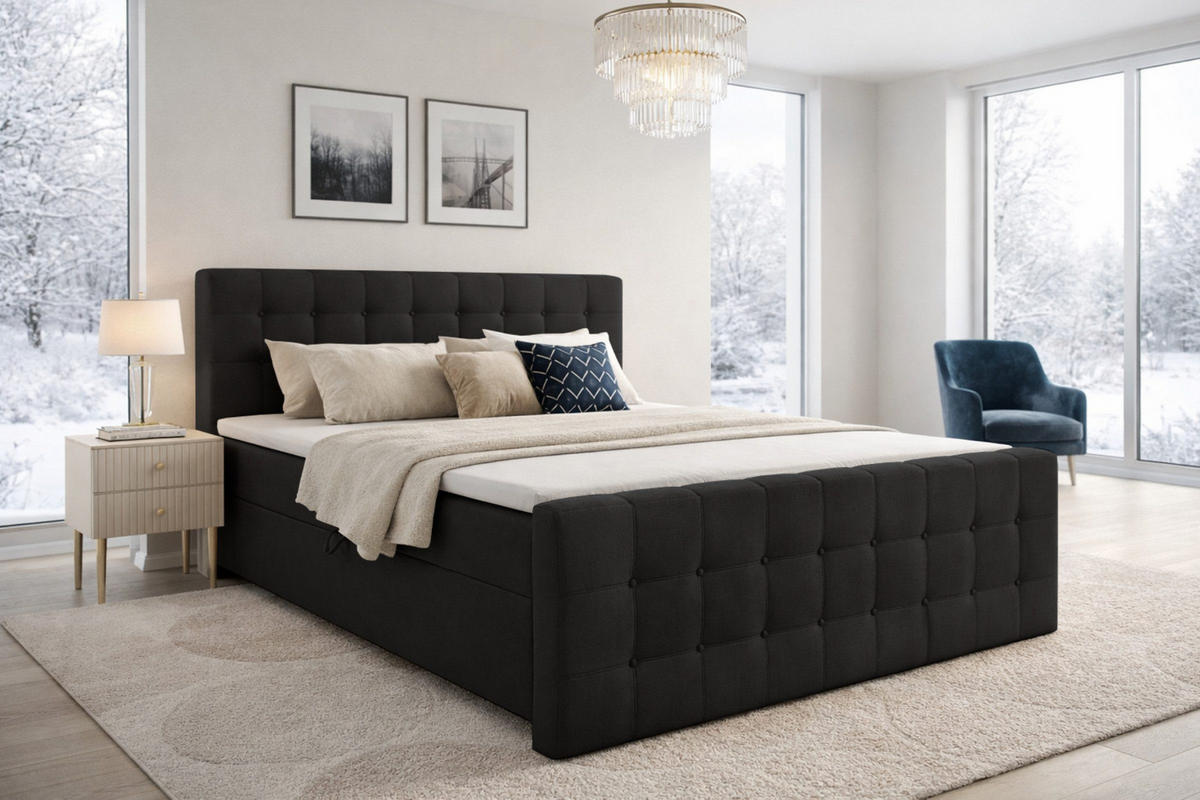 BOXBETT REEL 160/200 in Velours Schwarz H3 - Schwarz, Holz/Holzwerkstoff (160/200cm) - Deine Möbel 24