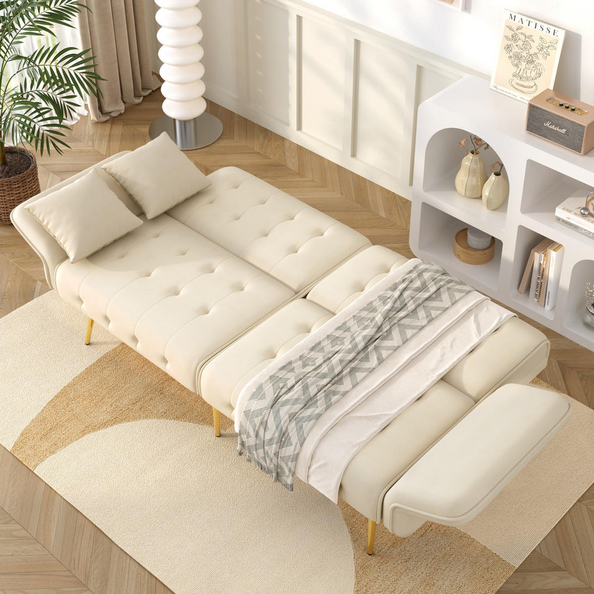 SOFA Zweisitzer Sofabett Velours Verstellbare Lehne Großzügig Schlaffunktion - Beige, Holz (89.92/18.03/80.52cm) - FLIEKS