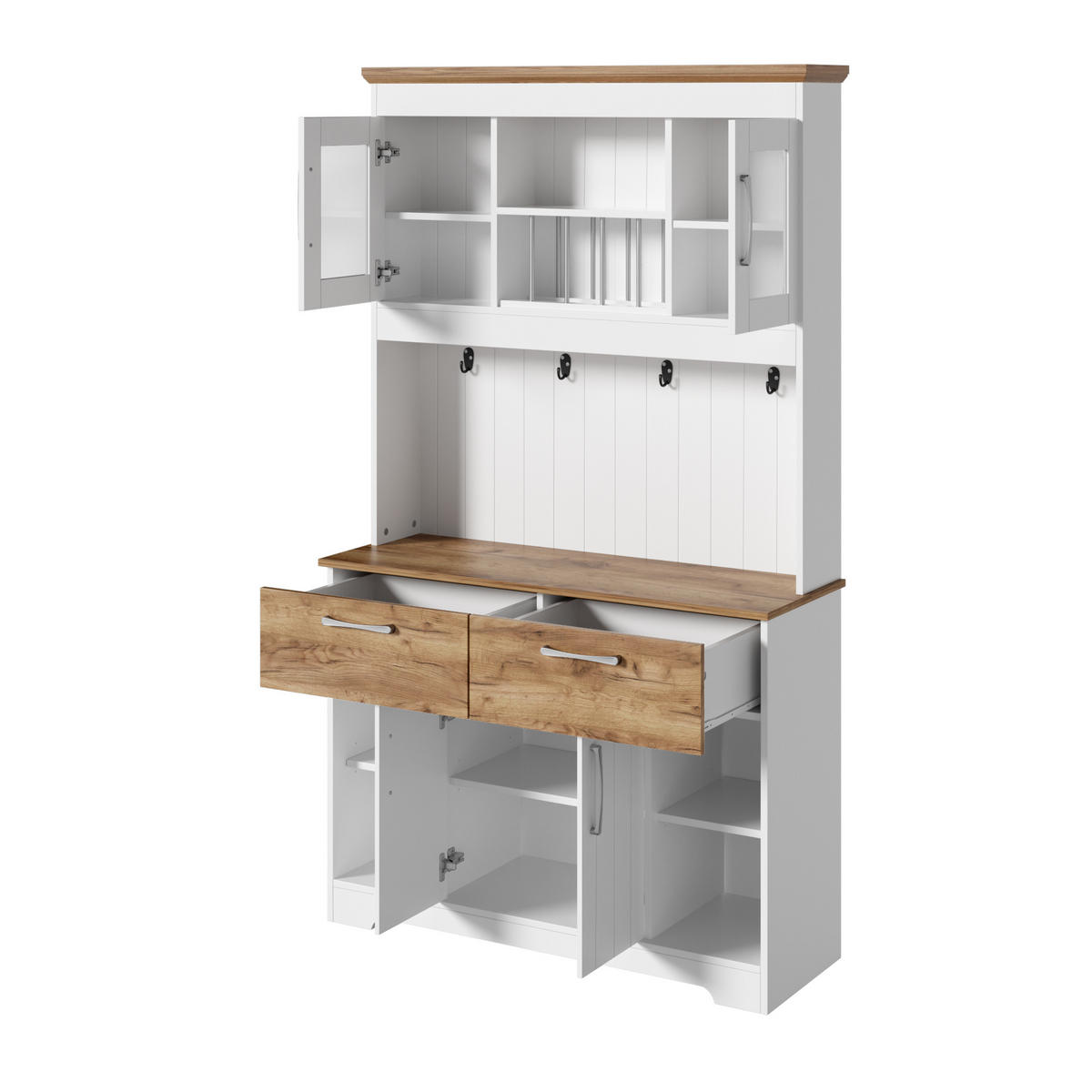 HIGHBOARD in Weiß und Holzoptik, viel Stauraum und mit Vitrinenfächern - Weiß, Holzwerkstoff (106/176.5/39cm) - Urban Meuble