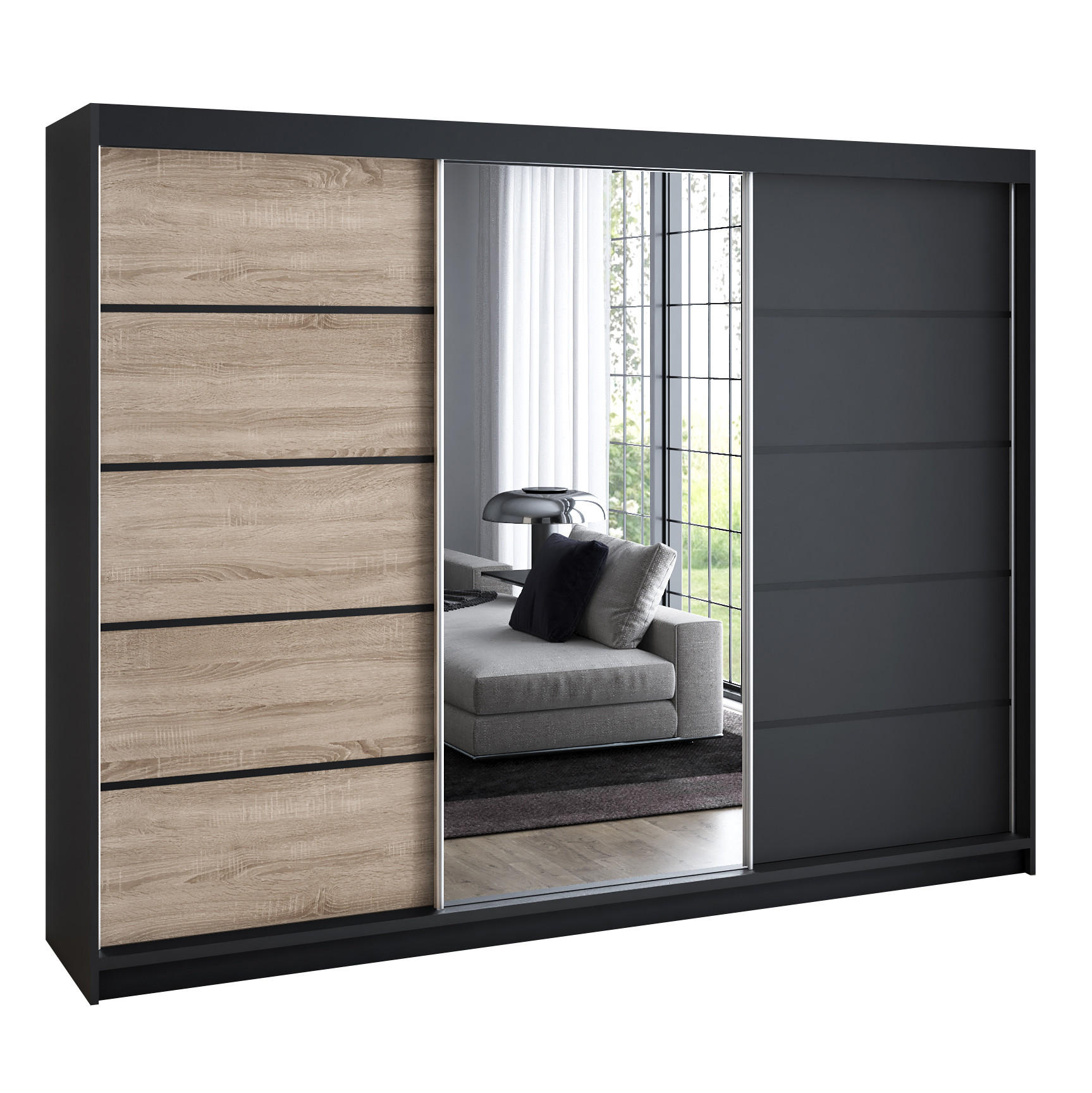 A&J MöbelLand Schwebetürenschrank Schwarz, Braun, Schwarz 200x215x59.5 cm