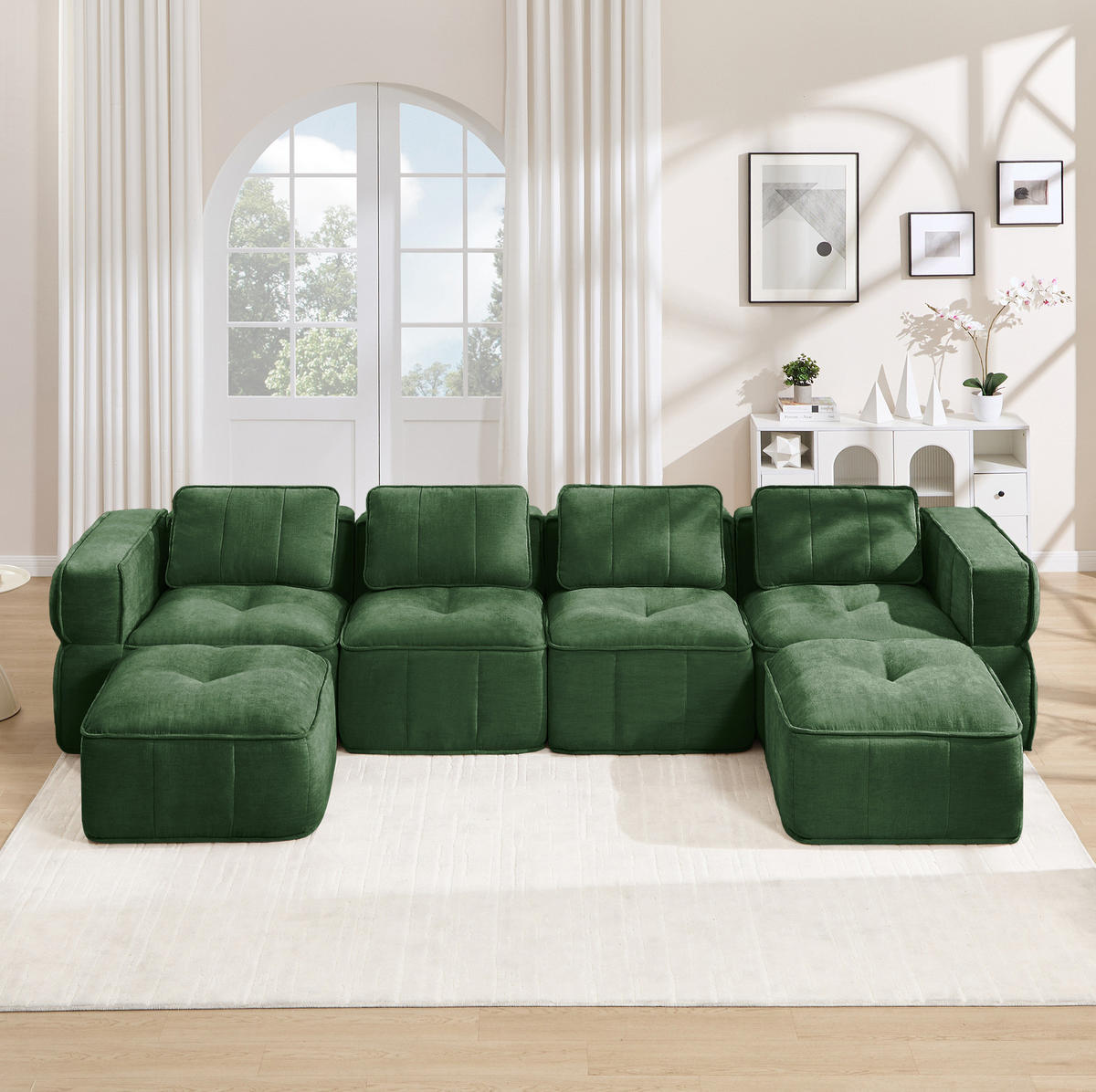 WOHNLANDSCHAFT 344/162/67 cm in Grün, modular, ohne Gestell, mit 2 Hockern - Grün, Kunststoff (162/67/344cm) - Flora Grace