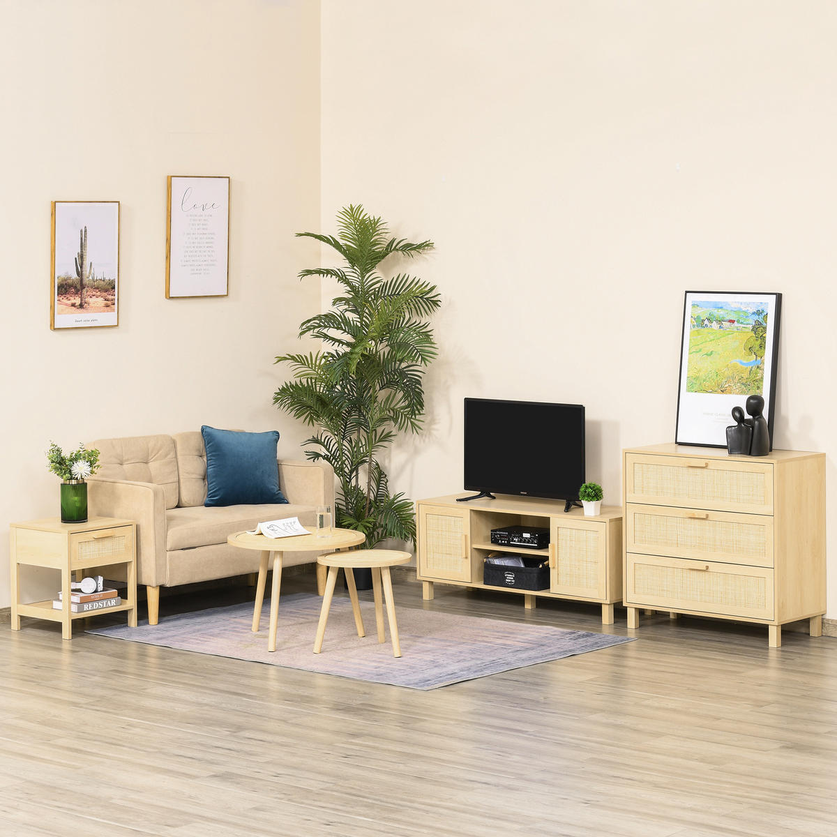 LOWBOARD DE-16078 2 Nischen, 2 Türen aus Rattan Hell Holzoptik - Beige, Holzwerkstoff (115/48/40cm) - ComfortXL