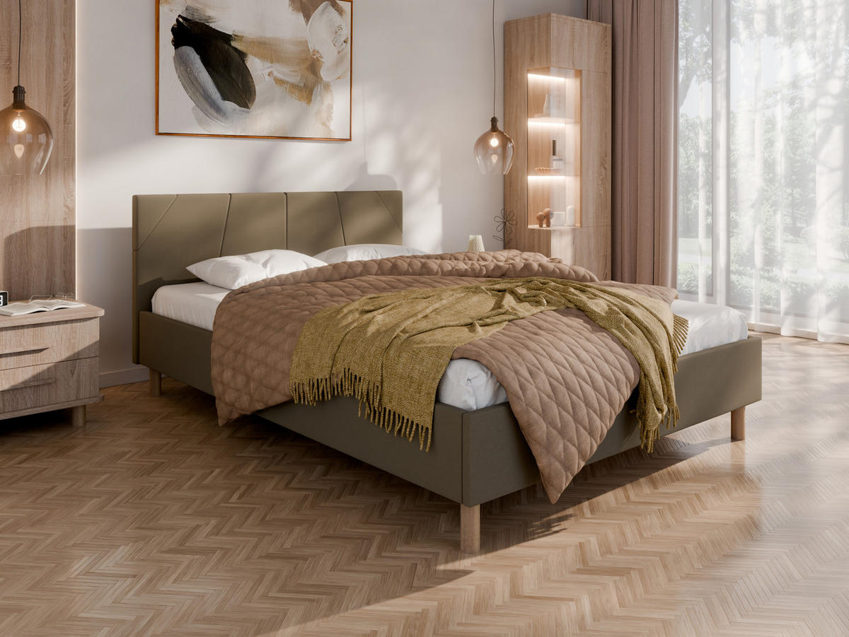 POLSTERBETT ALMORE 140x200cm Elegantes Polsterbett für modernen Wohnstil , Taschenfederkernmatratze LIORA(19cm), braun - Braun, Holz (140/200cm) - Panda Möbel