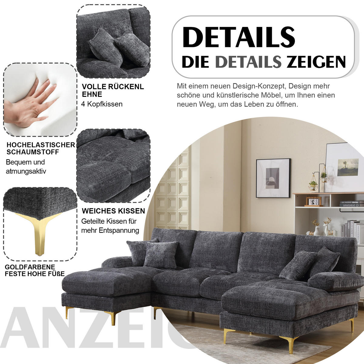 WOHNLANDSCHAFT Chenille Grau mit 2 Liegeflächen und Kissen - Grau, Holzwerkstoff/Textil (272/88/136cm) - WISHDOR