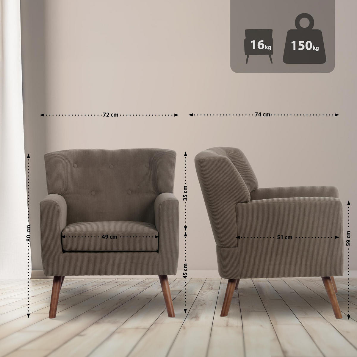 SESSEL Cord Dunkelbraun - Dunkelbraun/Braun, Holz/Textil (72/80/74cm) - CLP