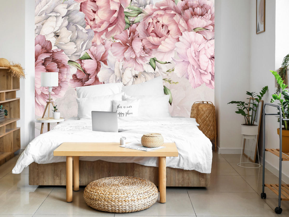 FOTOTAPETE für Schlafzimmer Rosa Zarte Pfingstrosen Natur 100x70 - Violett/Rosa, Papier (100/70cm) - Muralo