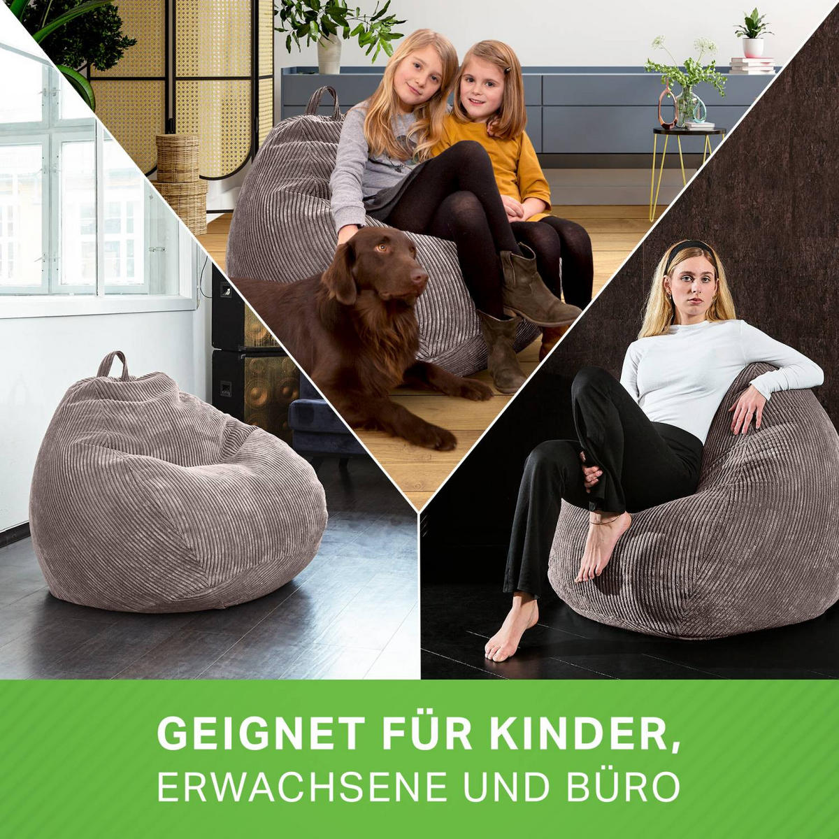 SITZSACK Indoor "Scoop" 90x110cm - Cord - Grau, Textil (90/110/90cm) - Green Bean