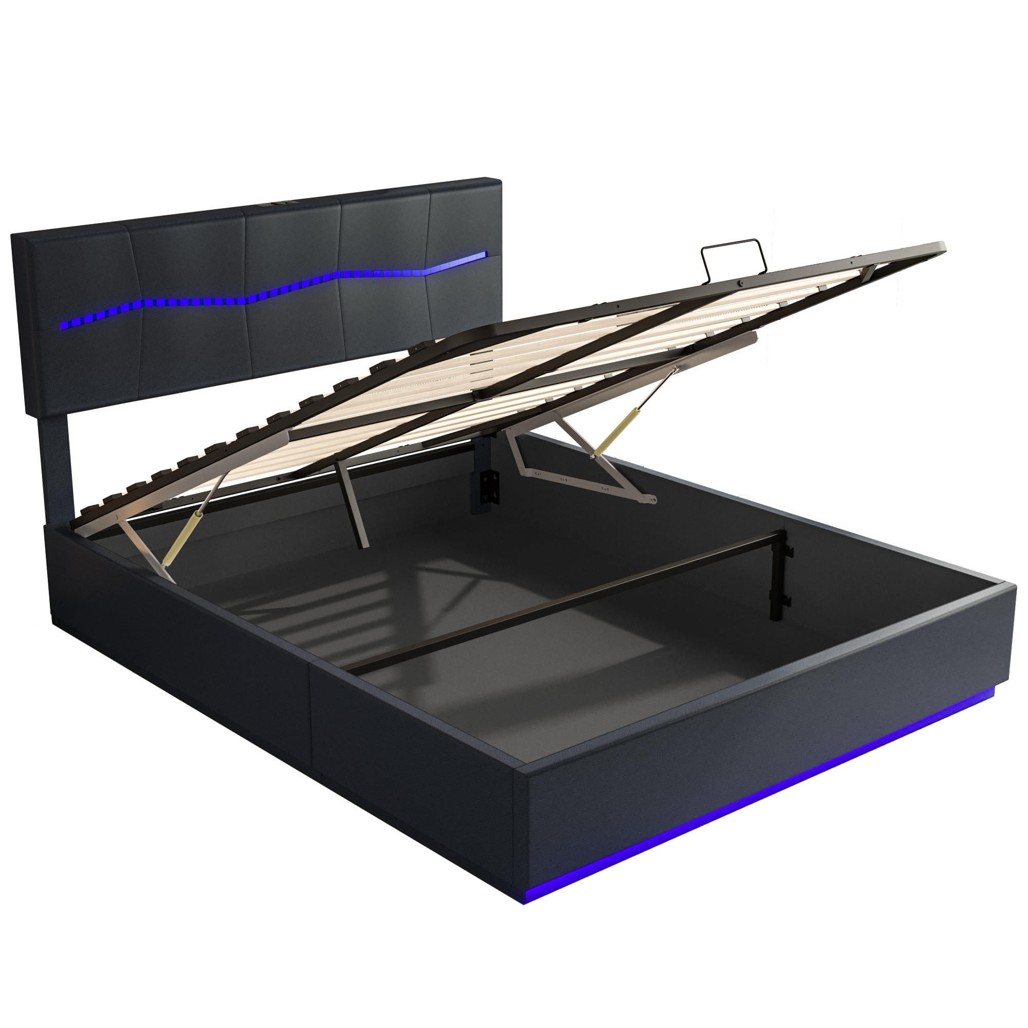 POLSTERBETT 160x200 cm, Schwarz, mit LED & USB-Typ-C-Ladeanschluss - Schwarz, Textil/Metall (160/200cm)