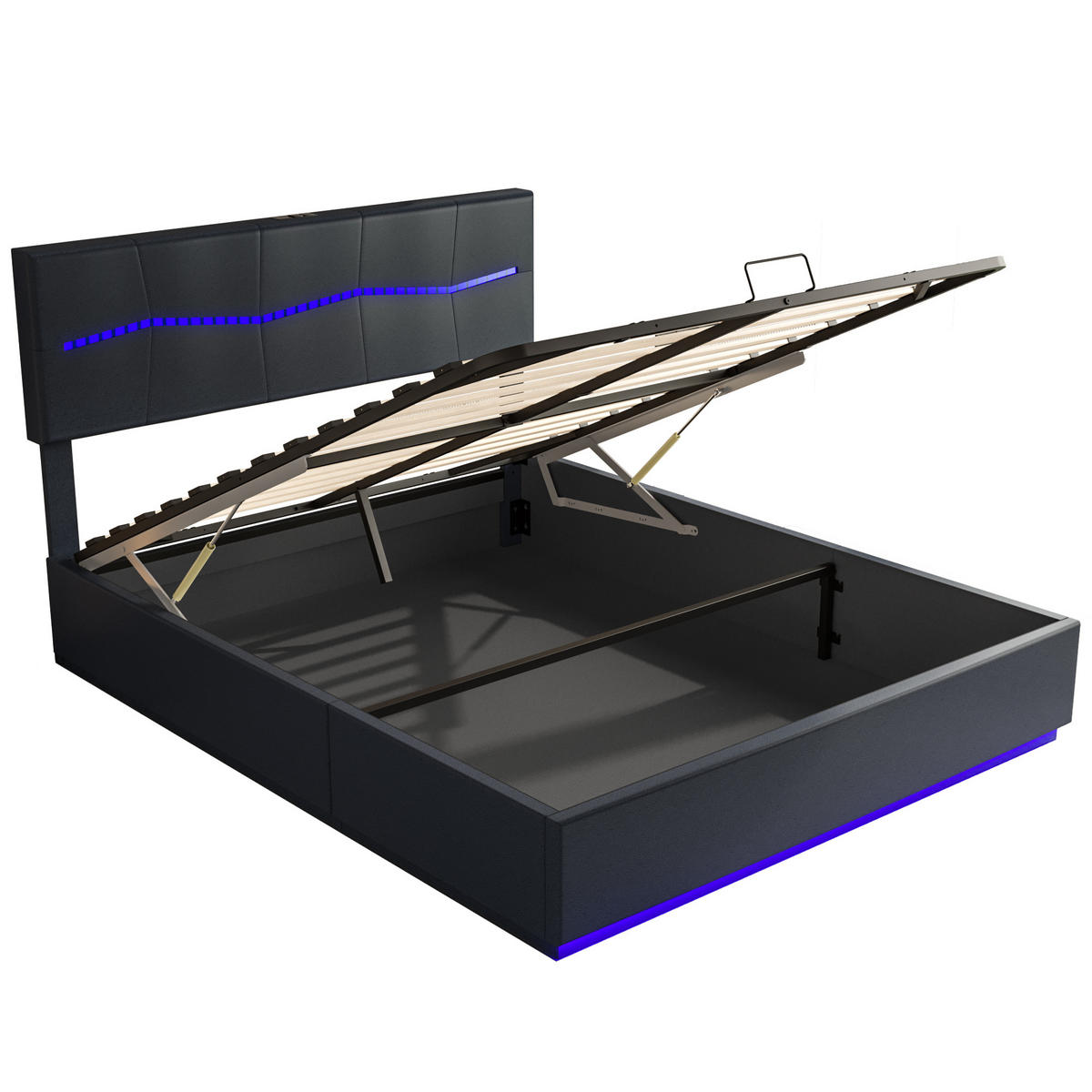 POLSTERBETT 180x200 cm, Schwarz, mit LED & USB-Typ-C-Ladeanschluss - Schwarz, Textil/Metall (180/200cm)