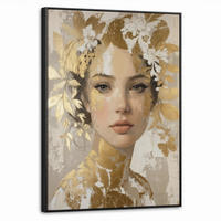 LEINWAND Bilder mit Rahmen - Gesicht - Frau - Blätter - Gold - 70x100 - Beige, Textil (70/100cm) - MuchoWow