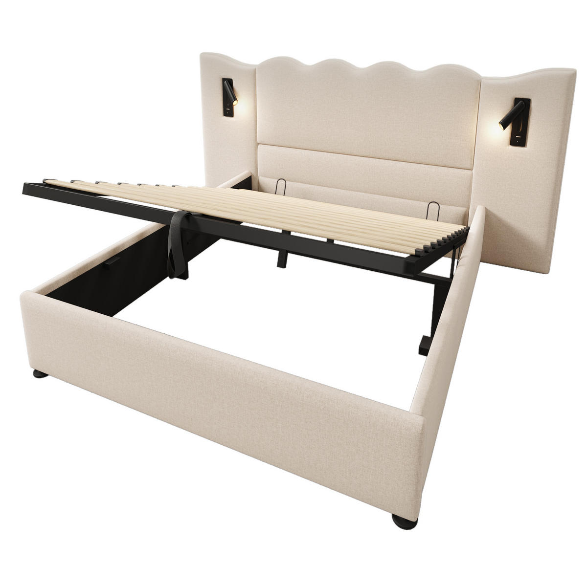 POLSTERBETT 160/200 cm aus Leinen mit Leselampe, USB- und Type-C-Anschluss sowie hydraulischem Stauraum,und Matratze, Beige - Beige, Textil (160/200cm) - Redom