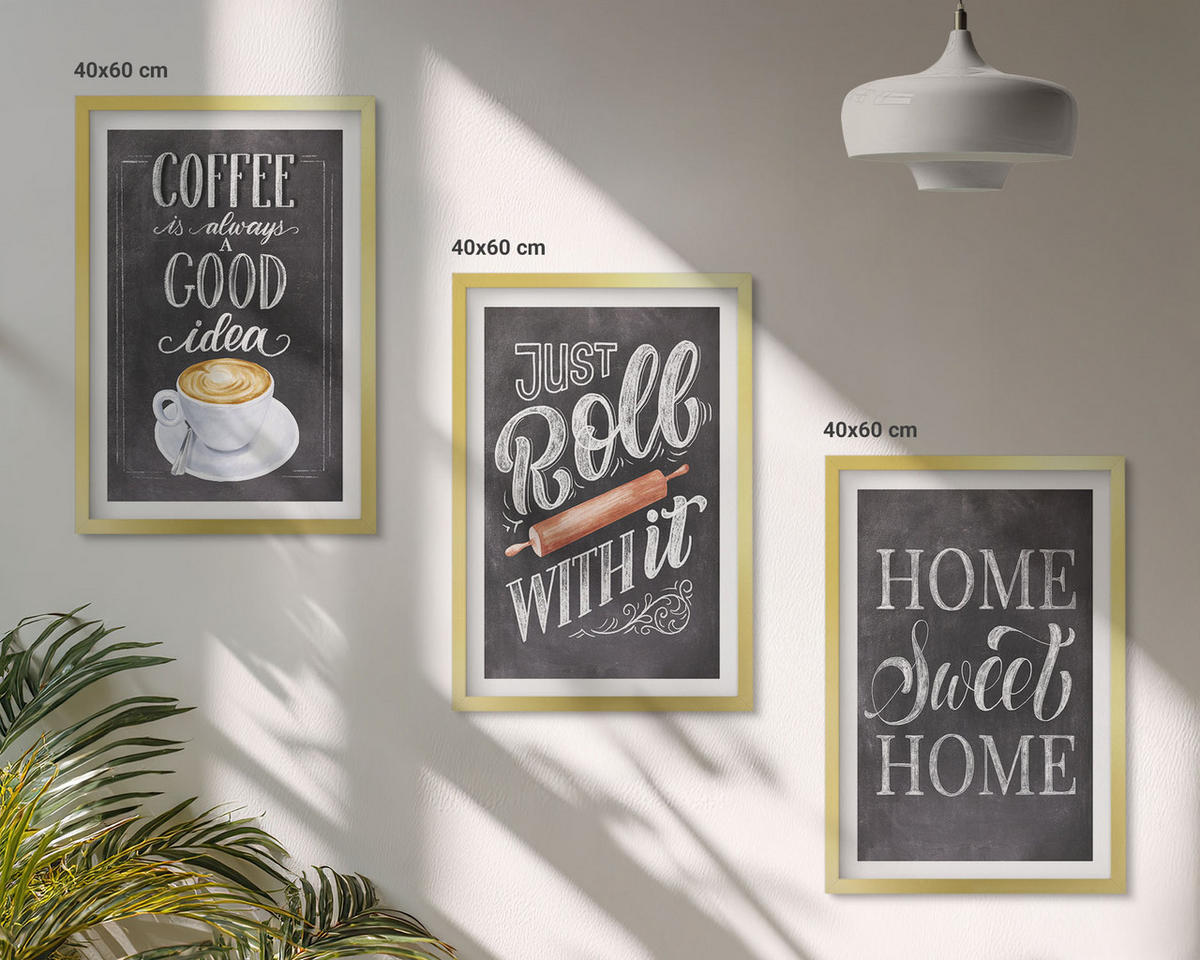 BILDER SET 3er Set - 40x60 cm Goldrahmen - Kaffeeroller, heimelige Wärme - Goldfarben, Kunststoff (40/60cm) - TULUP