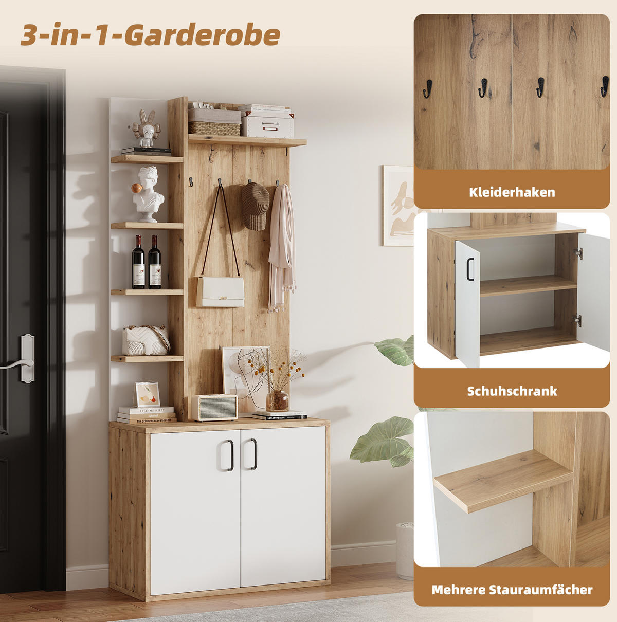 GARDEROBENREGAL 75/33/180 cm aus Holzwerkstoff mit 6 offenen Fächern und Schrank Natur/Weiß - Naturfarben, Holzwerkstoff (75/180/33cm) - Modenvie