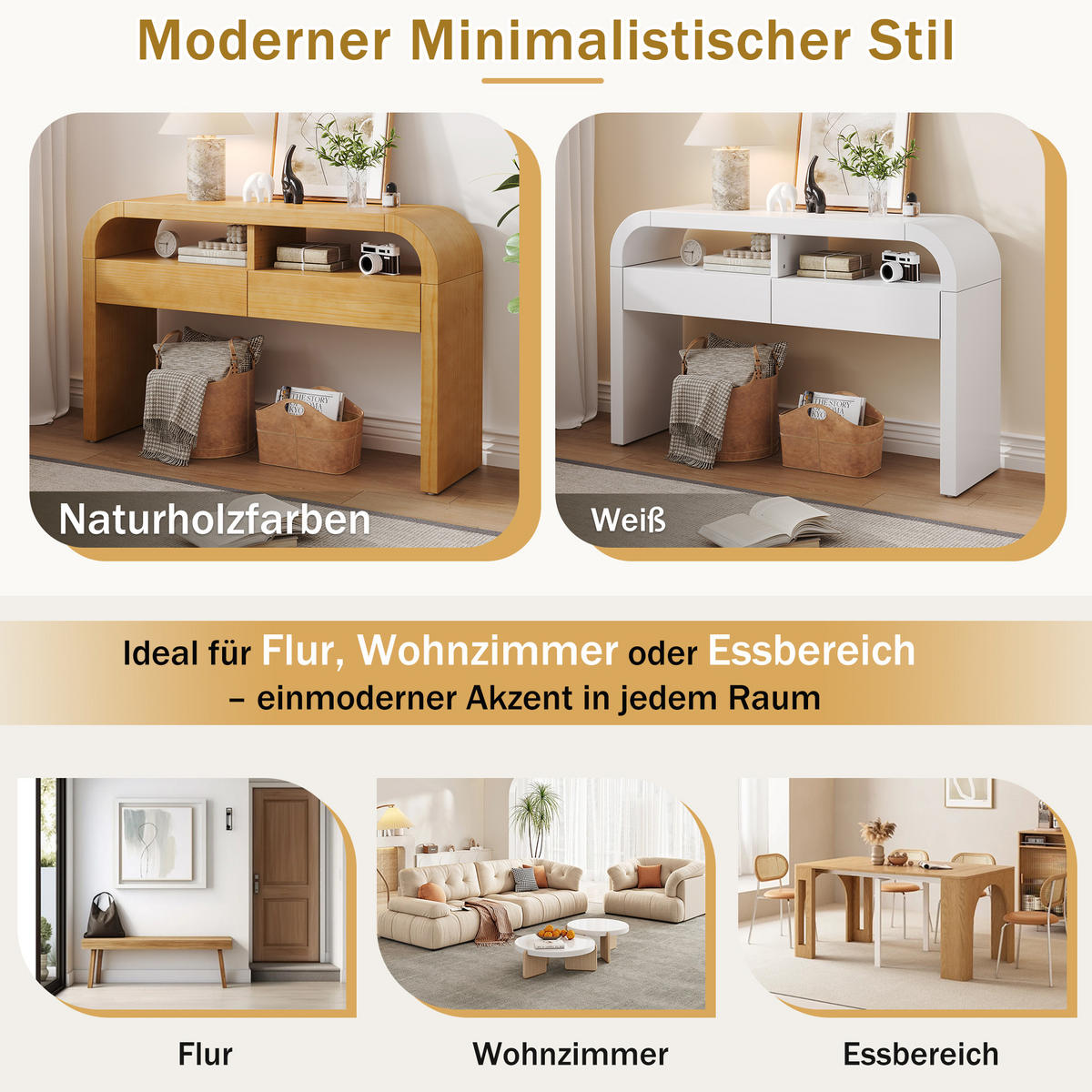 KONSOLENTISCH 120/35,5/76,5 cm natur aus MDF mit 2 Schubladen und verstellbaren Stellfüßen - Naturfarben, Holzwerkstoff (120/35.5/76.5cm) - OKWISH