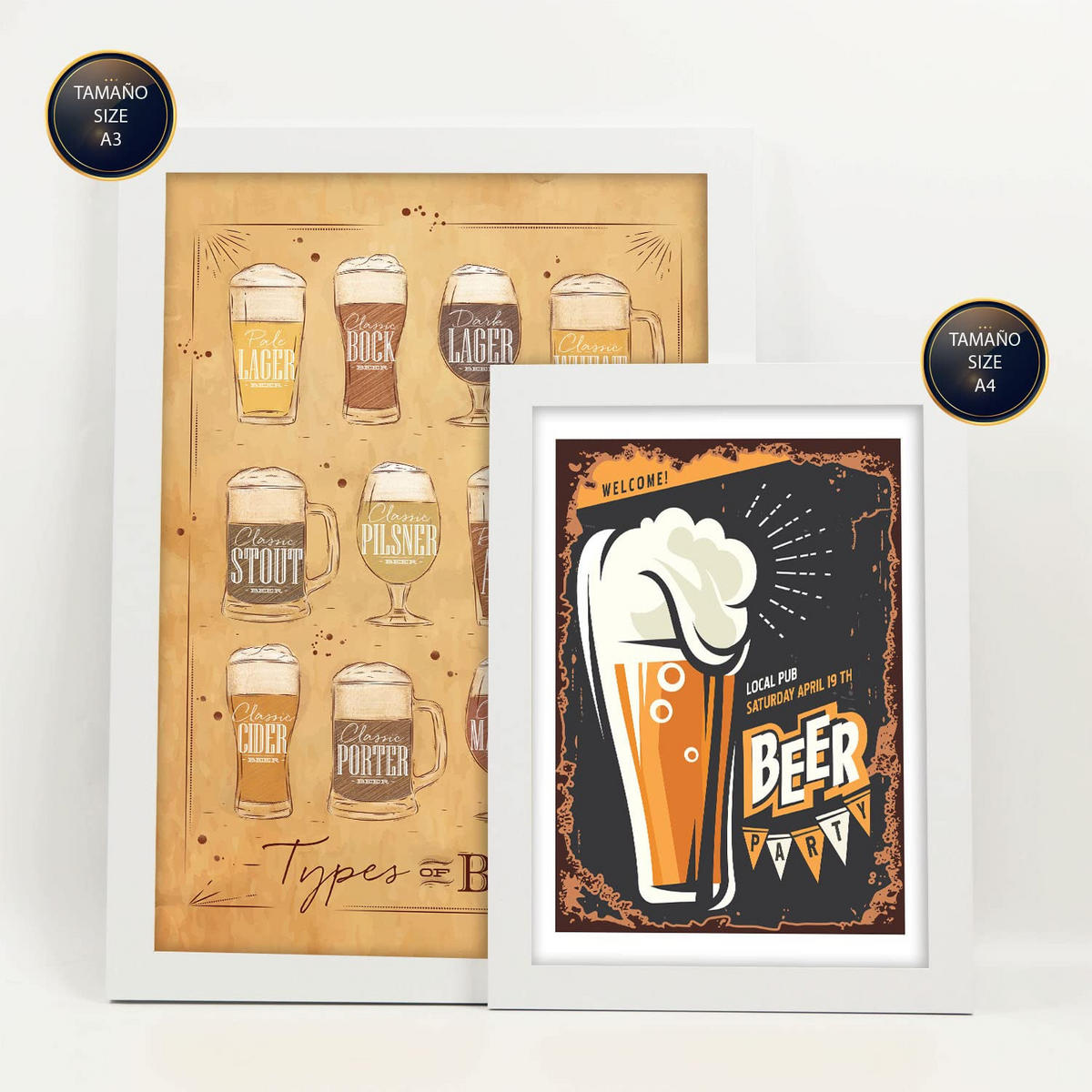 POSTER Set Mit 6 Bier-Retro-Werbung Größe A3 & A4 Weißer Rahmen - Weiß, Papier (29.7/1cm) - Nacnic