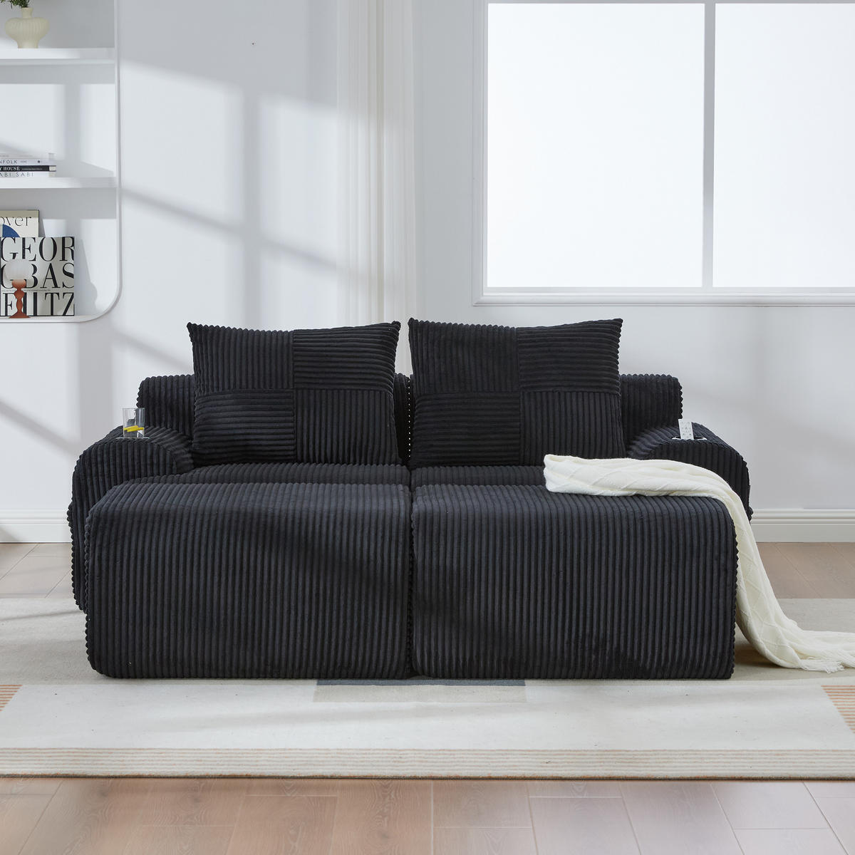 MODULARES 2-Sitzer Sofa Cordstoff mit Getränkehalter und Seitentasche 200/174/80 cm Schwarz - Schwarz, Textil (174/80/200cm) - Redom