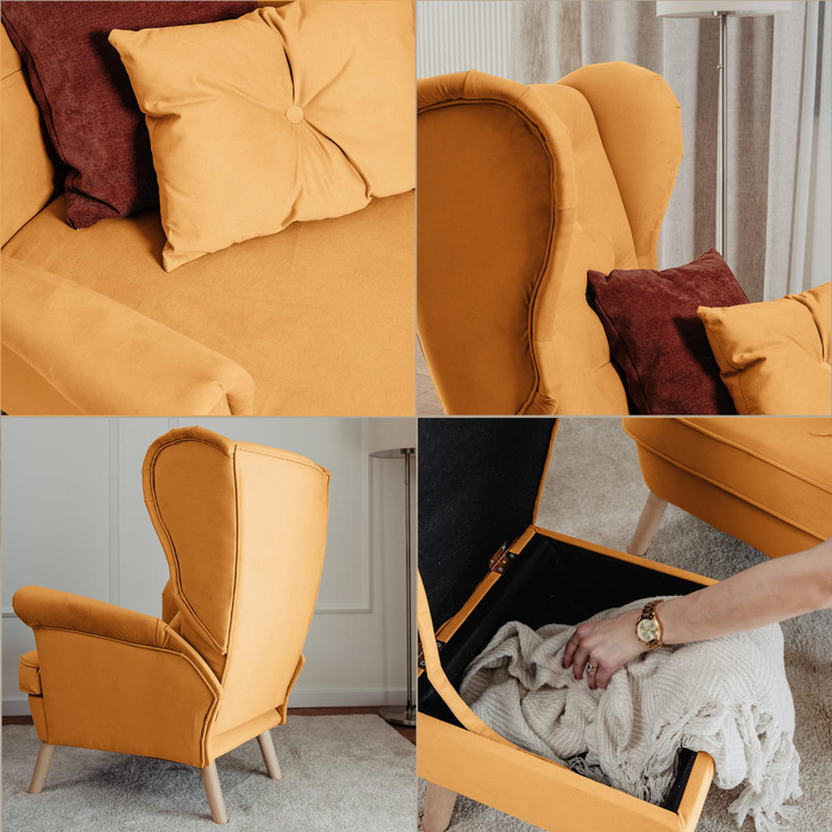 SESSEL mit Fußhocker Classic - Gelb, Holz (92/107/80cm) - Idohome