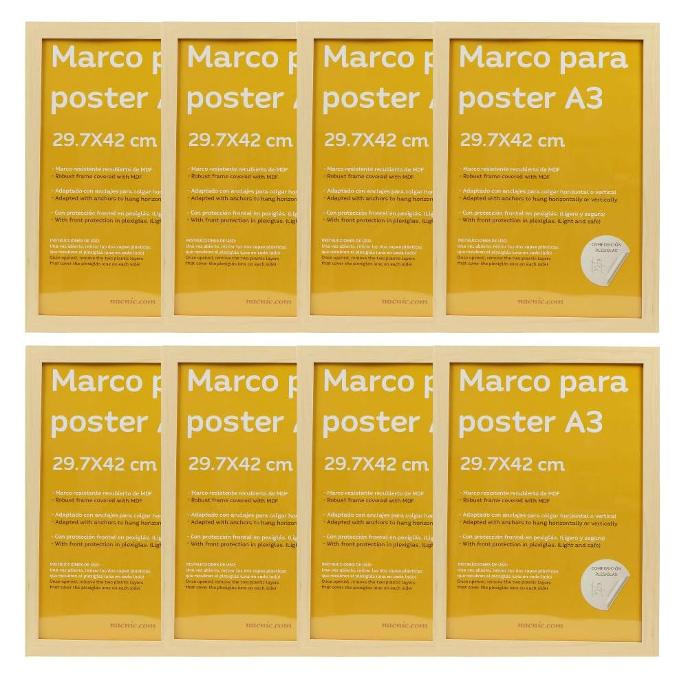 RAHMEN Set mit 8 aus MDF und Acrylglas Schutz und Aussteller für Fotografien, Bilder, Poster, Gemälde, Dekoration für Haus Farbe Hellholz A3 - Beige, Holz (29.7/3/42cm) - Nacnic