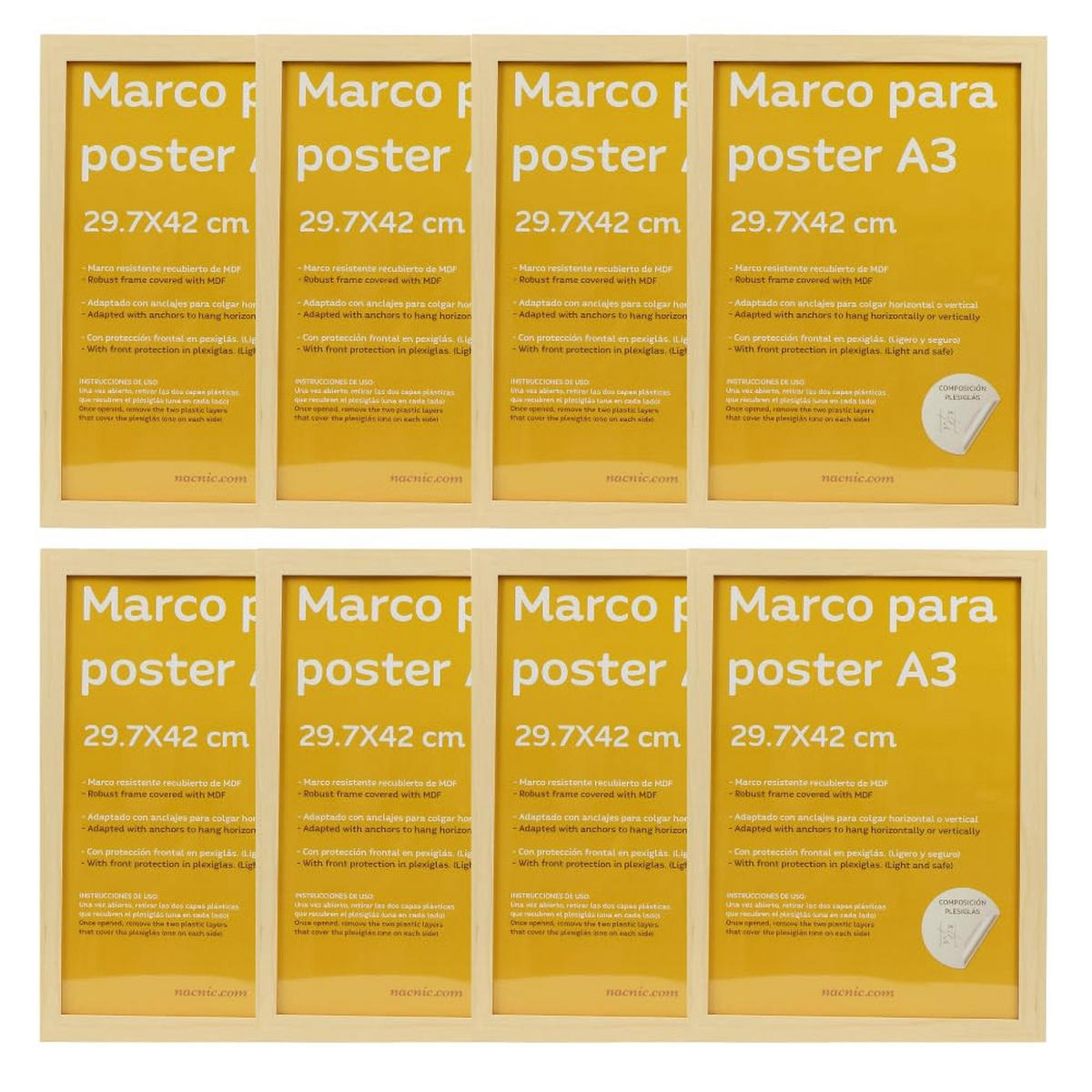 RAHMEN Set mit 8 aus MDF und Acrylglas Schutz und Aussteller für Fotografien, Bilder, Poster, Gemälde, Dekoration für Haus Farbe Hellholz A3 - Beige, Holz (29.7/3/42cm) - Nacnic