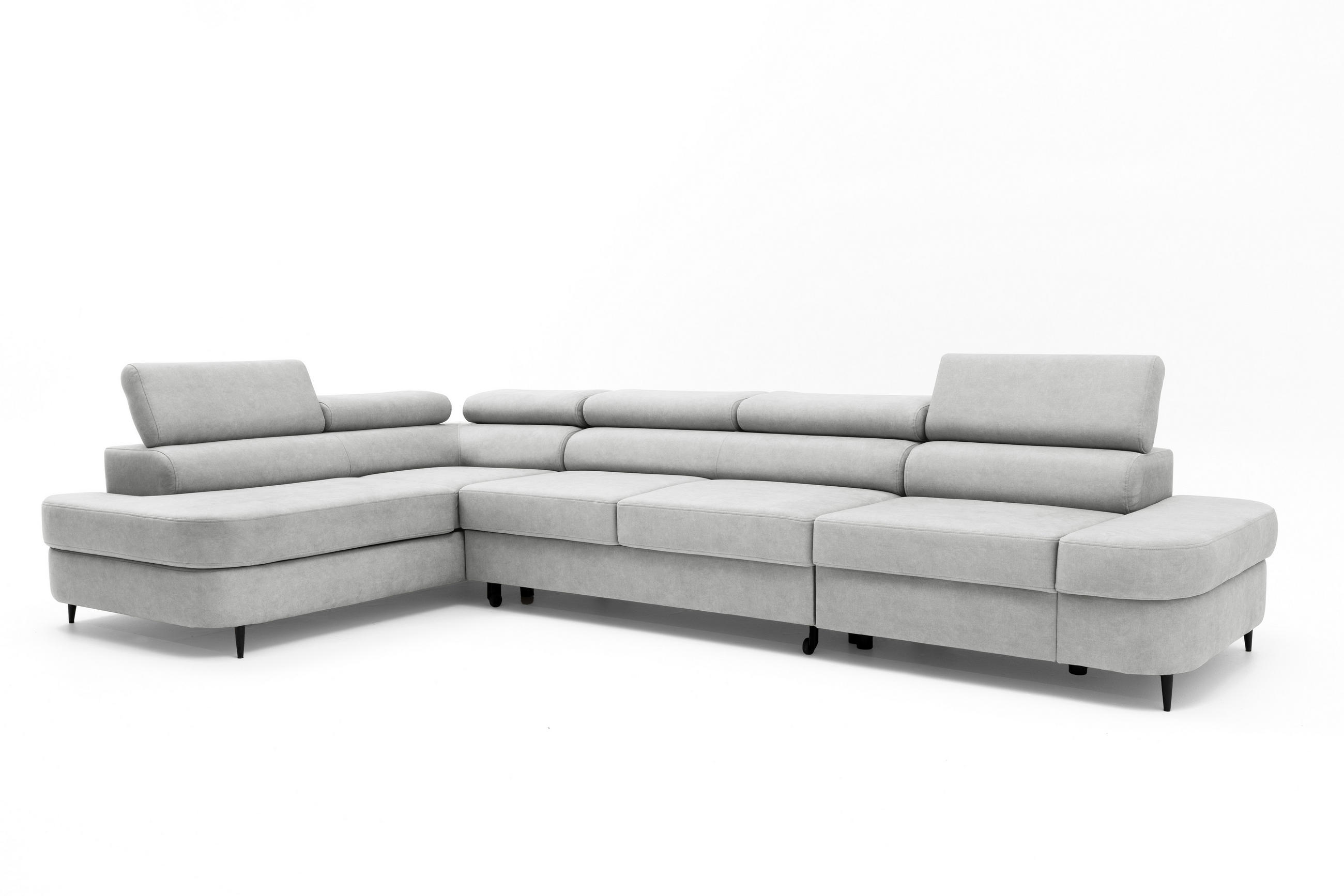 ECKSOFA PRIAM MAXI L-Form mit Schlaffunktion & Bettkasten, 6-Sitzer, 350cm, Verstellbare Kopfstützen Ottomane links - Hellgrau, Holz/Textil (350/203cm) - Muffo
