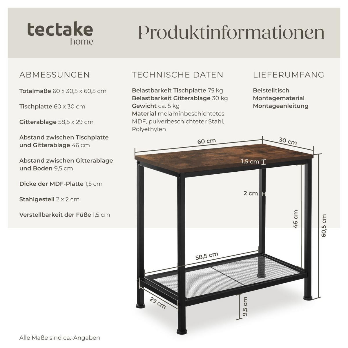 BEISTELLTISCH Filton,60 x 30,5 x 60,5 cm,Industrial Holz dunkel, rustikal - Rostfarben, Holz (60/30.5/60.5cm) - tectake