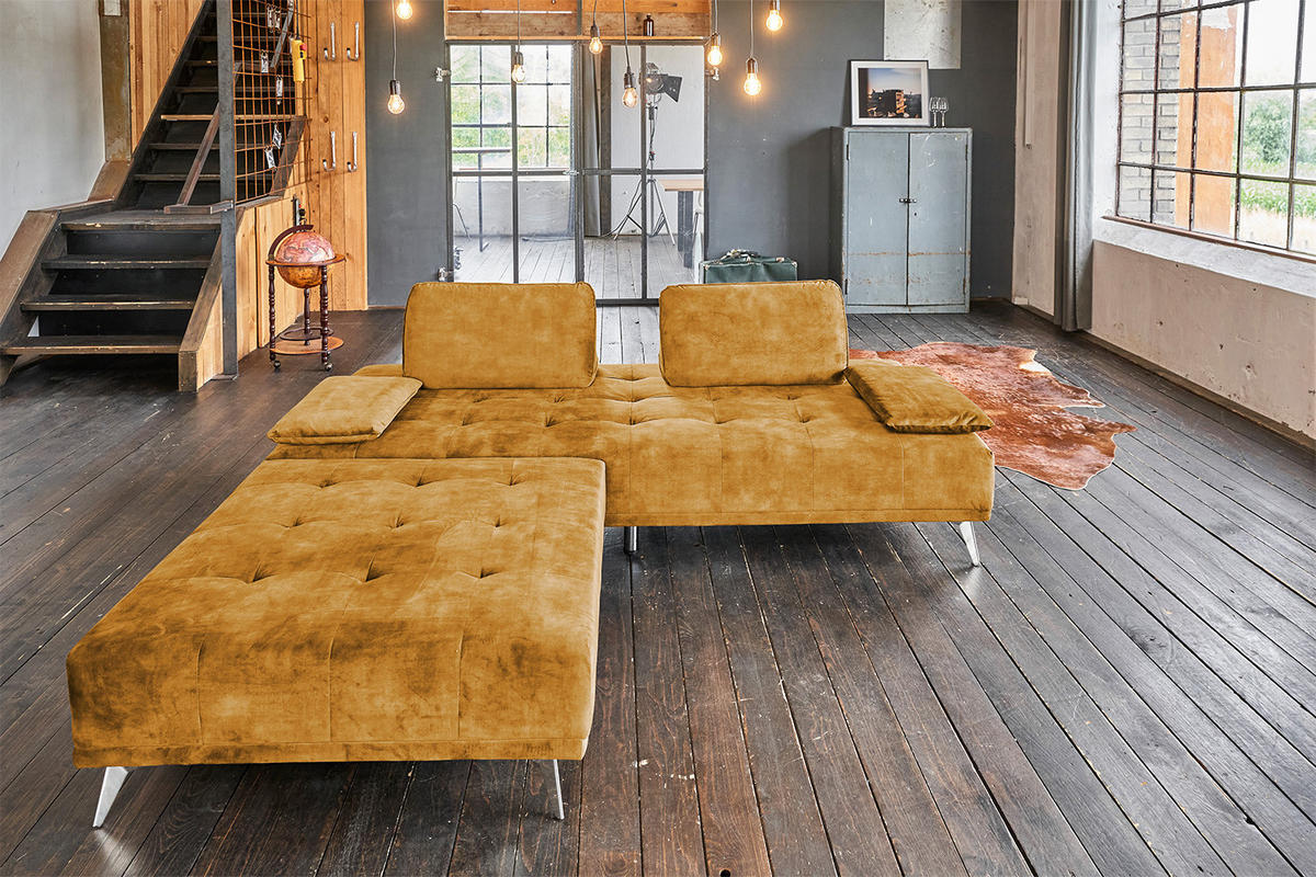 SOFA MIT HOCKER WIOLO Rotbraun Velvet - Cognac/Silberfarben, Textil (220/80/240cm) - KAWOLA