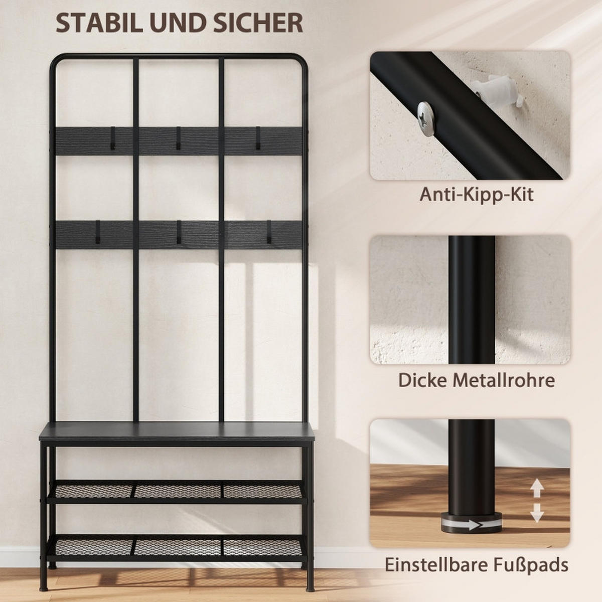STANDGARDEROBE 91/36/180 cm mit 6 Haken, Sitzbank und Schuhablage in Schwarz - Schwarz, Metall (91/180/36cm) - BEAOK