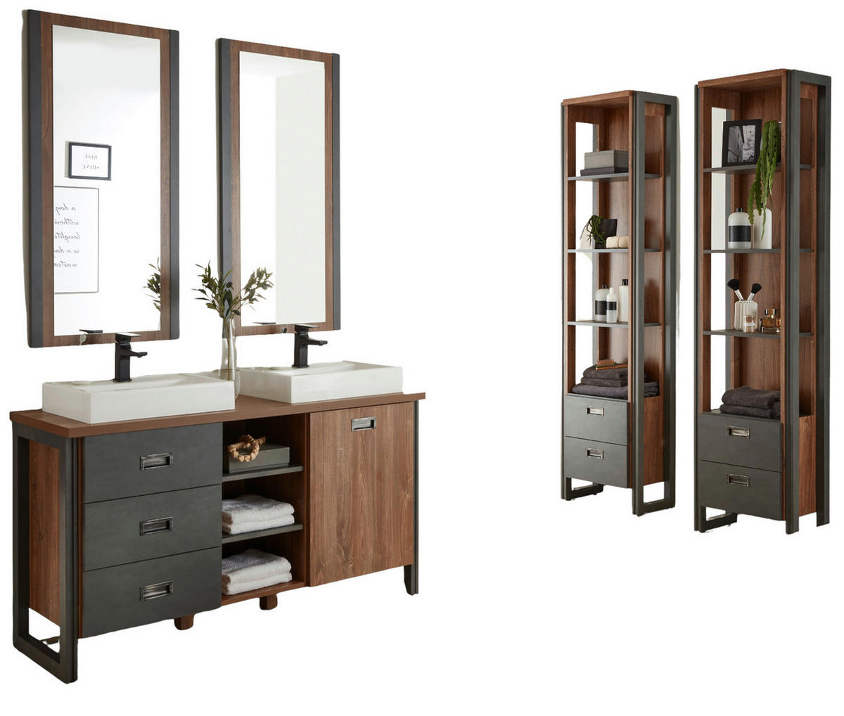 BADMÖBEL-SET 7-teilig Eiche Stirling, Matera grau, Doppelwaschtisch inkl. 2 x Waschbecken 277 x 205 cm Badkombination - Eichefarben/Grau, Holzwerkstoff (276/205/40cm) - Furn.Design