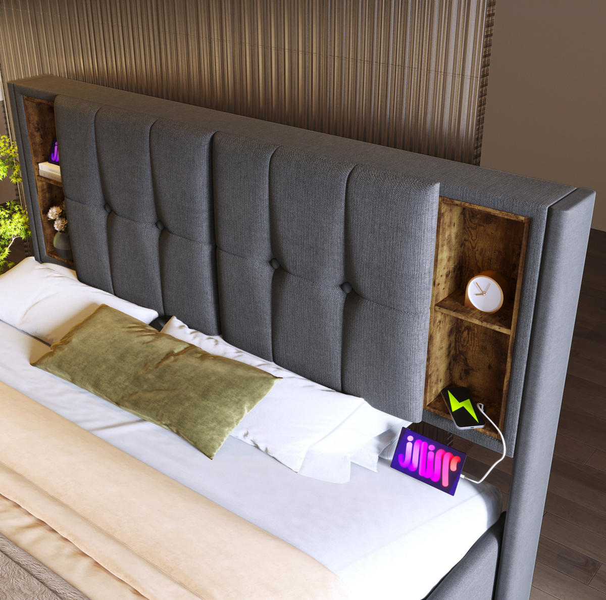 POLSTERBETT 140/200 cm Grau aus Baumwolle mit Stauraum und USB-Anschlüssen - Grau, Textil (140/200cm) - OKMYHOME