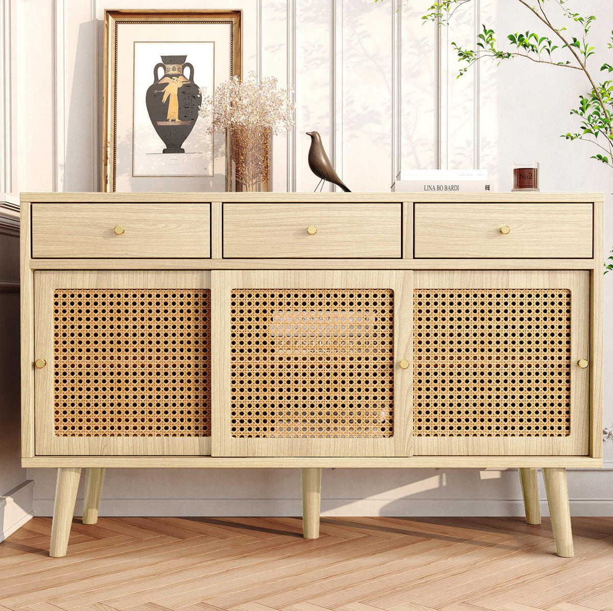 SIDEBOARD 120/40/78 cm Eiche aus MDF mit Rattangeflecht - Eichefarben, Holzwerkstoff (120/78/40cm) - OKWISH