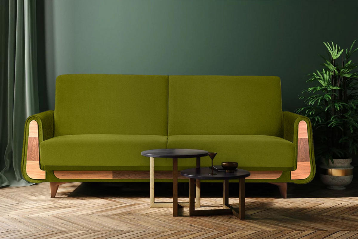 3-SITZER-SCHLAFSOFA GUSTAVO mit Armlehnen, grün - Braun/Olivgrün, Holz/Holzwerkstoff (230/98/98cm) - KONSIMO®