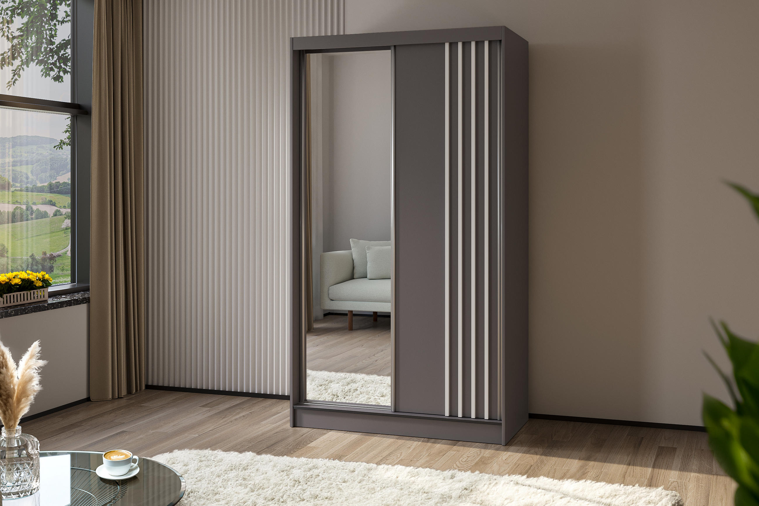 KLEIDERSCHRANK mit Spiegel-Schiebetüren und Aluminium-Leisten, LED-Beleuchtung - NALLA - 120 cm Grau+Grau+Weiß - Weiß/Grau, Holzwerkstoff (120/216/61cm) - ALTDECOR