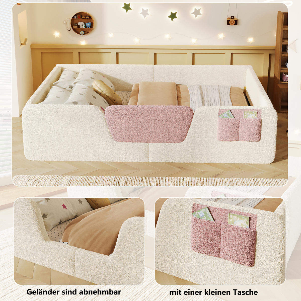 KINDERBETT Polsterbett 140/190 cm aus Samt und MDF mit abnehmbaren Seitengittern Beige - Beige, Textil (140/190cm) - Modenvie