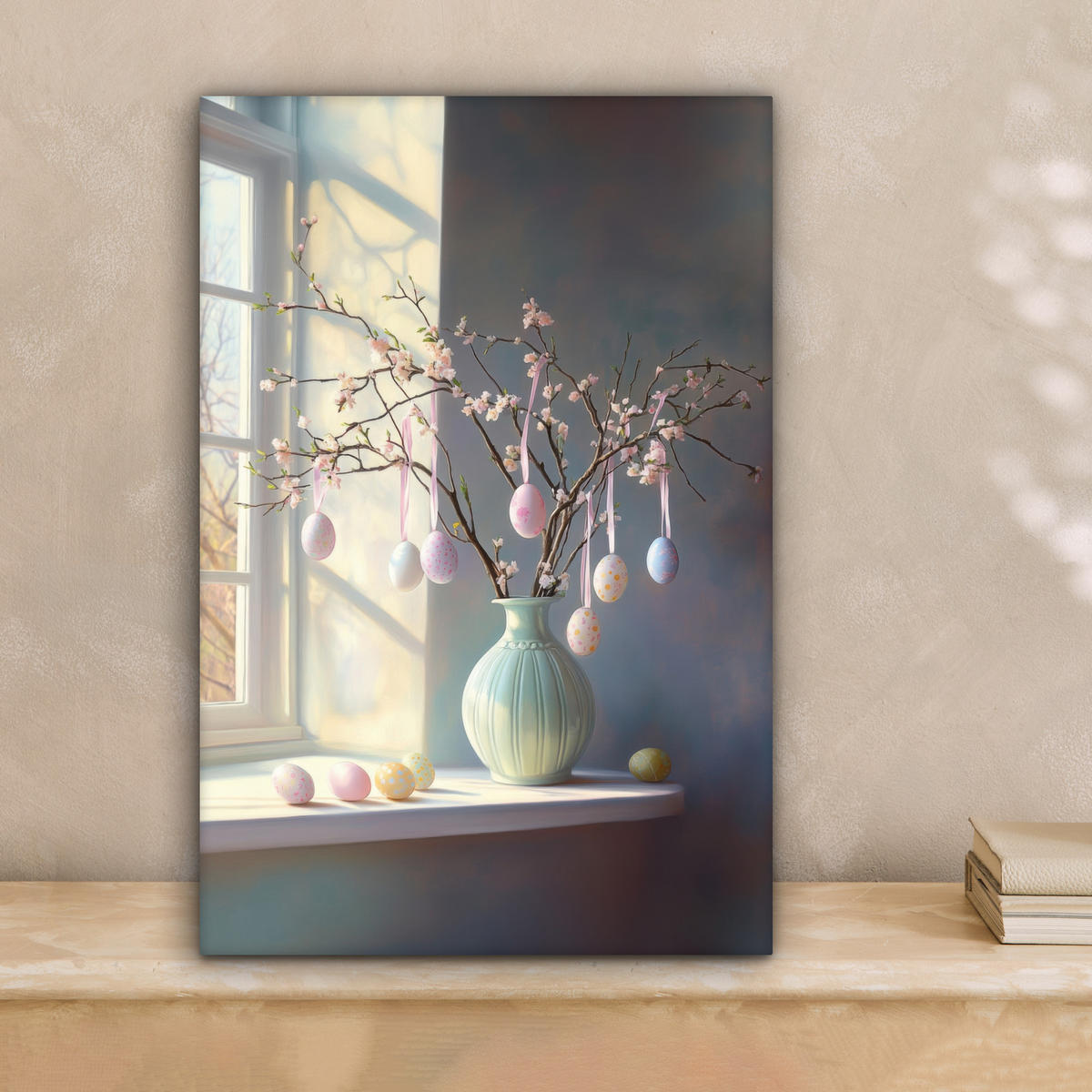 LEINWANDBILD Stillleben - Vase - Osterzweig Deko Wohnzimmer 20x30 cm - Hellblau, Textil (20/30cm) - MuchoWow