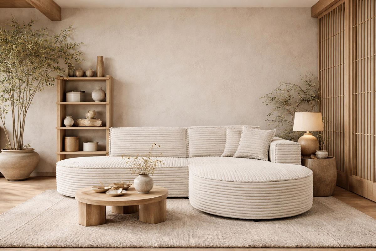 ECKSOFA L-Form, Cordstoff Velo, Ecru, Rechts, Modena Studio - Ecru, Holz (236/165cm) - Kaiser Möbel