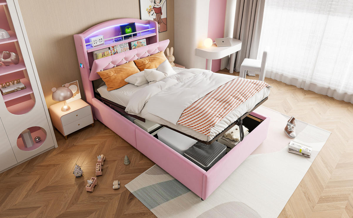 KINDERBETT 90x200 cm Samt LED USB rosa - Rosa, Textil (90/200cm) - LEBENLANG