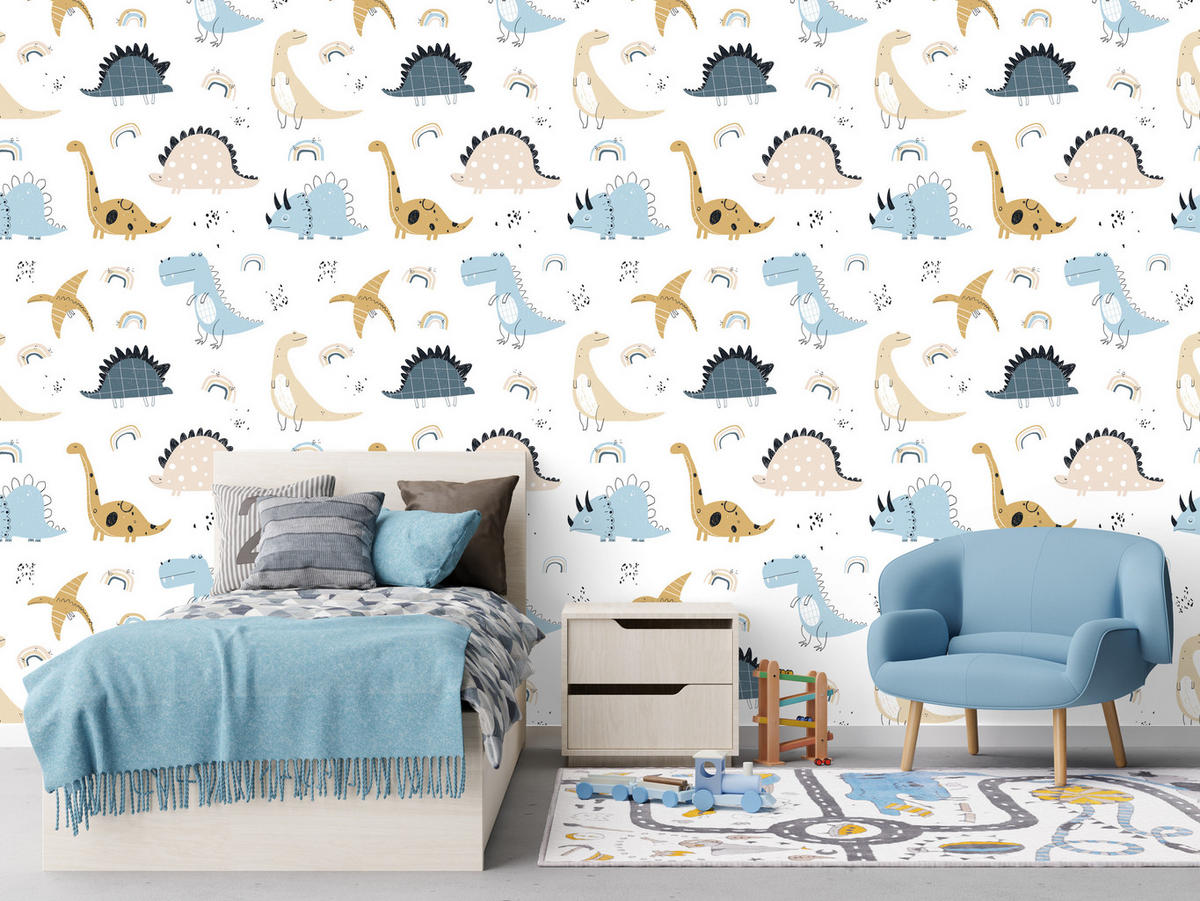 VLIESTAPETE Pastell-Dinosaurier – Blau, Beige, Weiß – 50x1000 cm - Blau/Beige, Papier (50/1000cm) - Muralo
