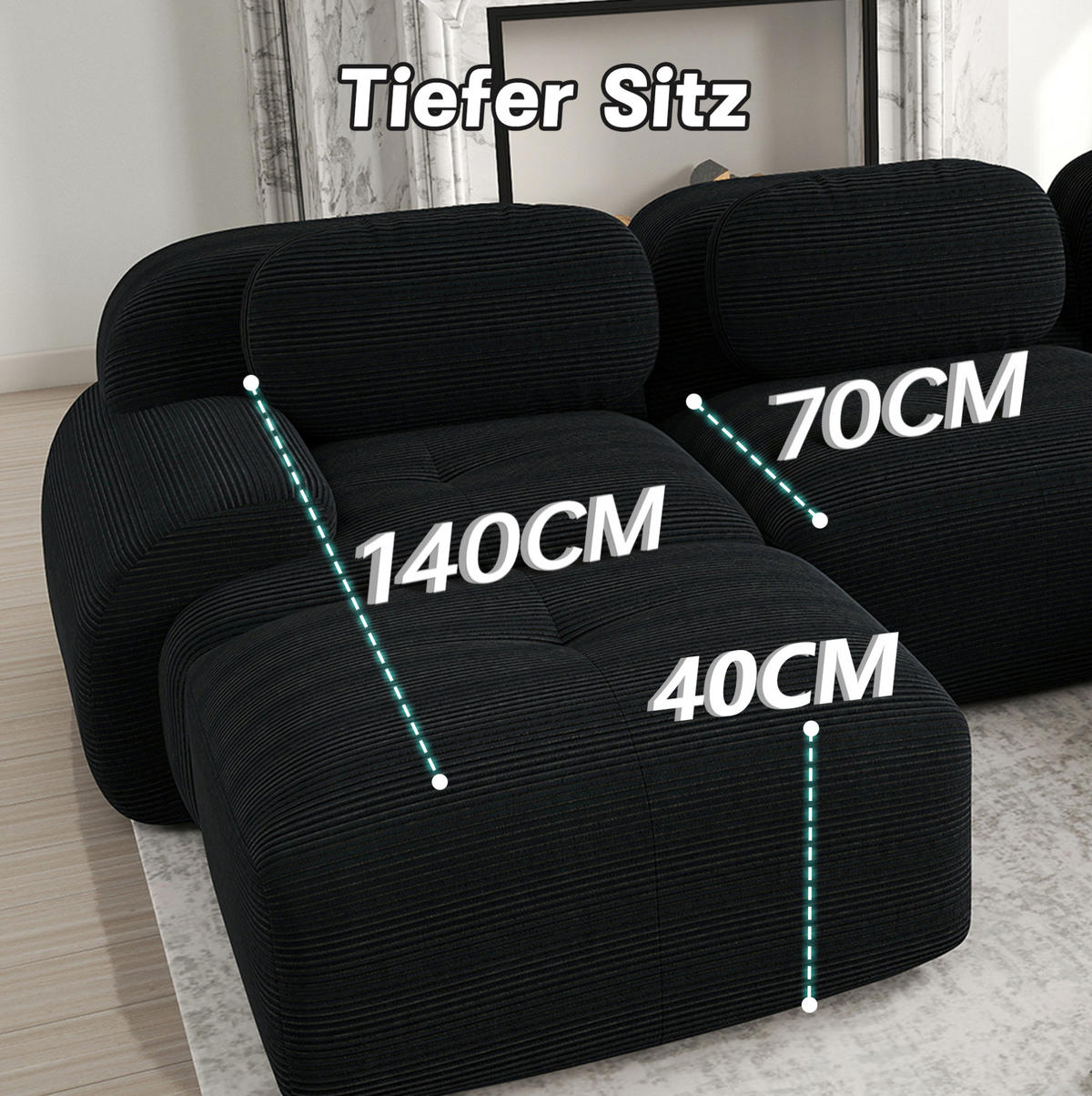 ECKSOFA 388/178/70 cm in Schwarz aus Cord, modular und montagefrei - Schwarz, Textil (178/388cm) - Flora Grace