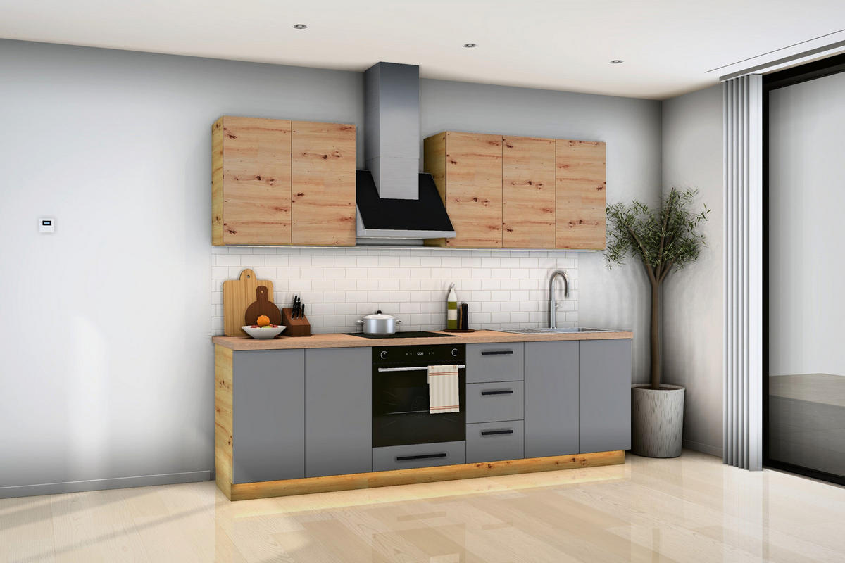 KÜCHENZEILE Nexa Grau & Woodline – 260 cm – K97-G260 - Hellbraun/Schwarz, Holzwerkstoff/Metall (260/212/52cm) - ROYAL24_MARKT