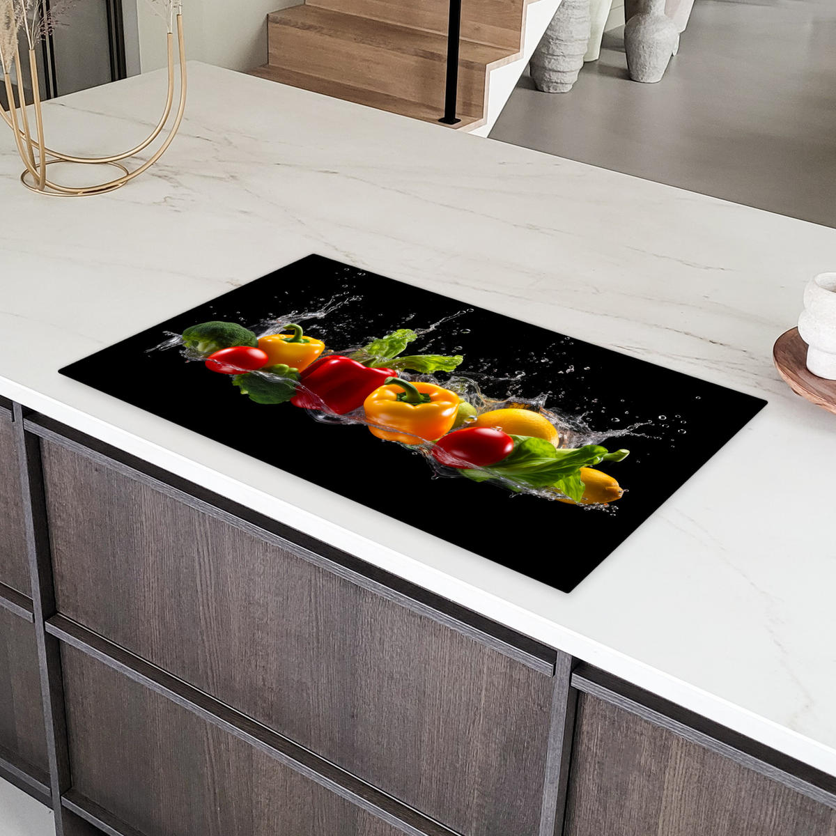 HERDABDECKPLATTE Paprika - Wasser - Gemüse - Schwarz 91x52 cm - Multicolor, Kunststoff (91.2/52/0.2cm) - MuchoWow