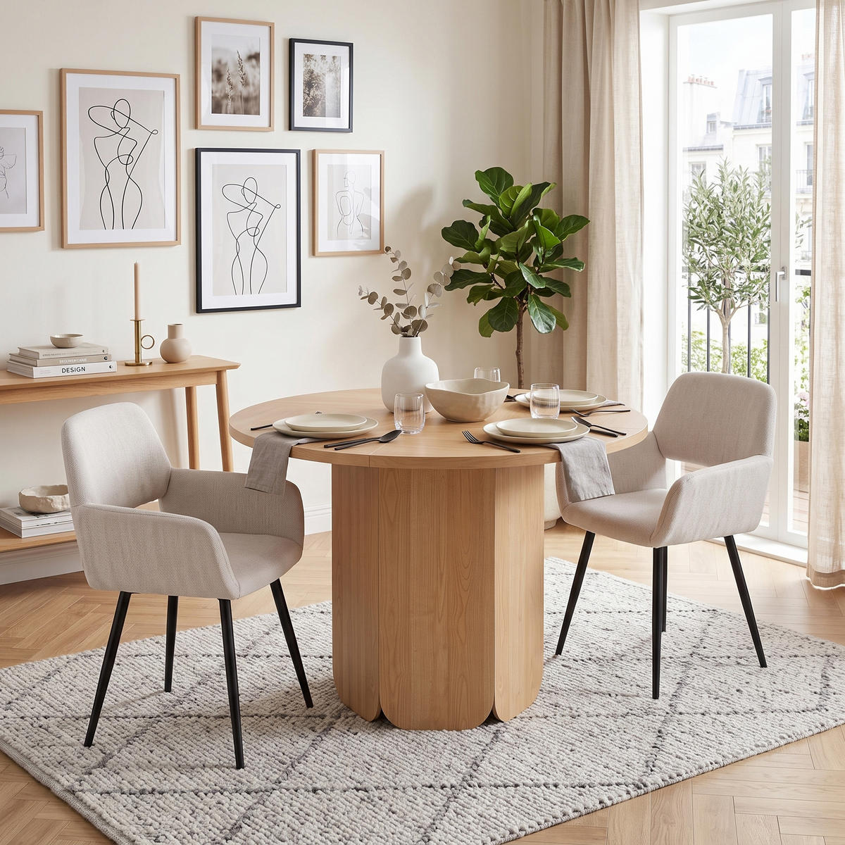 ESSGRUPPE 1+2 Runder Tisch 120cm Eiche & 2 beige Esszimmerstühle mit Armlehnen - Eichefarben, Holzwerkstoff (120/75/120cm) - Urban Meuble
