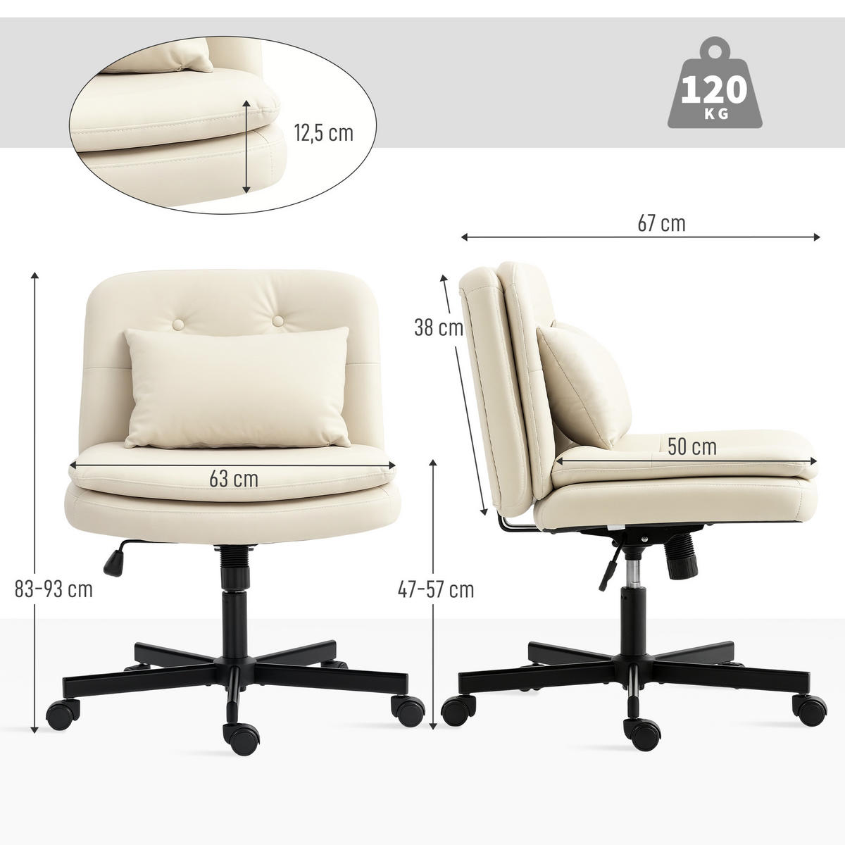 BÜROSTUHL DE-05053 Armlos, Kunstleder, höhenverstellbar & rollbar Beige - Beige, Metall (63/93/67cm) - ComfortXL