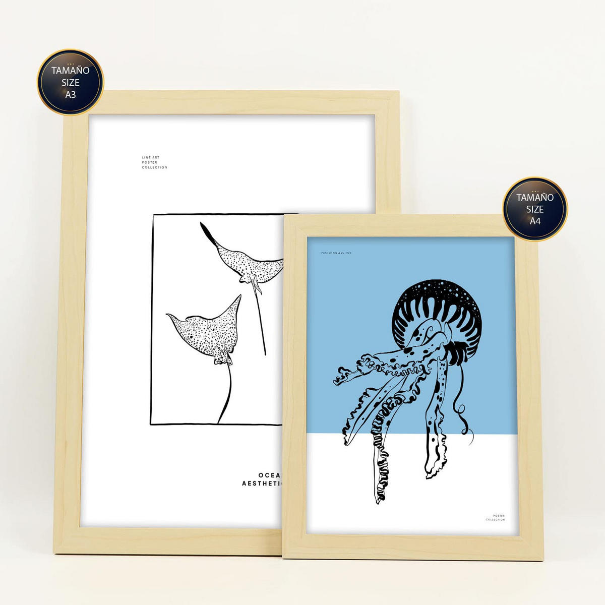 POSTER Set Mit 6 In Schwarzer Tinte Seltener Fisch Kunstdrucke Von Meer Und Ozean Für Innenarchitektur A3 & A4 Rahmen Aus Hellem Holz - Beige, Papier (29/3cm) - Nacnic