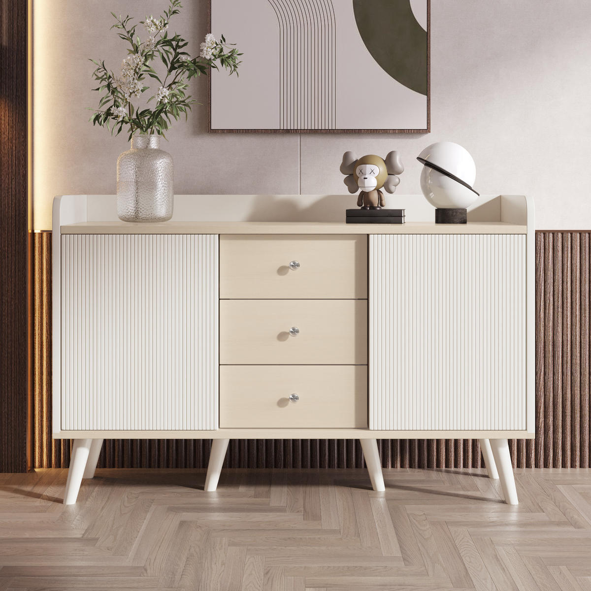 SIDEBOARD in Weiß Kommode mit Stauraumregalen für Wohnzimmer und Schlafzimmer, B117.5/T39.5/H79 cm - Weiß, Holzwerkstoff/Metall (117.5/80/39.5cm) - STILVORA