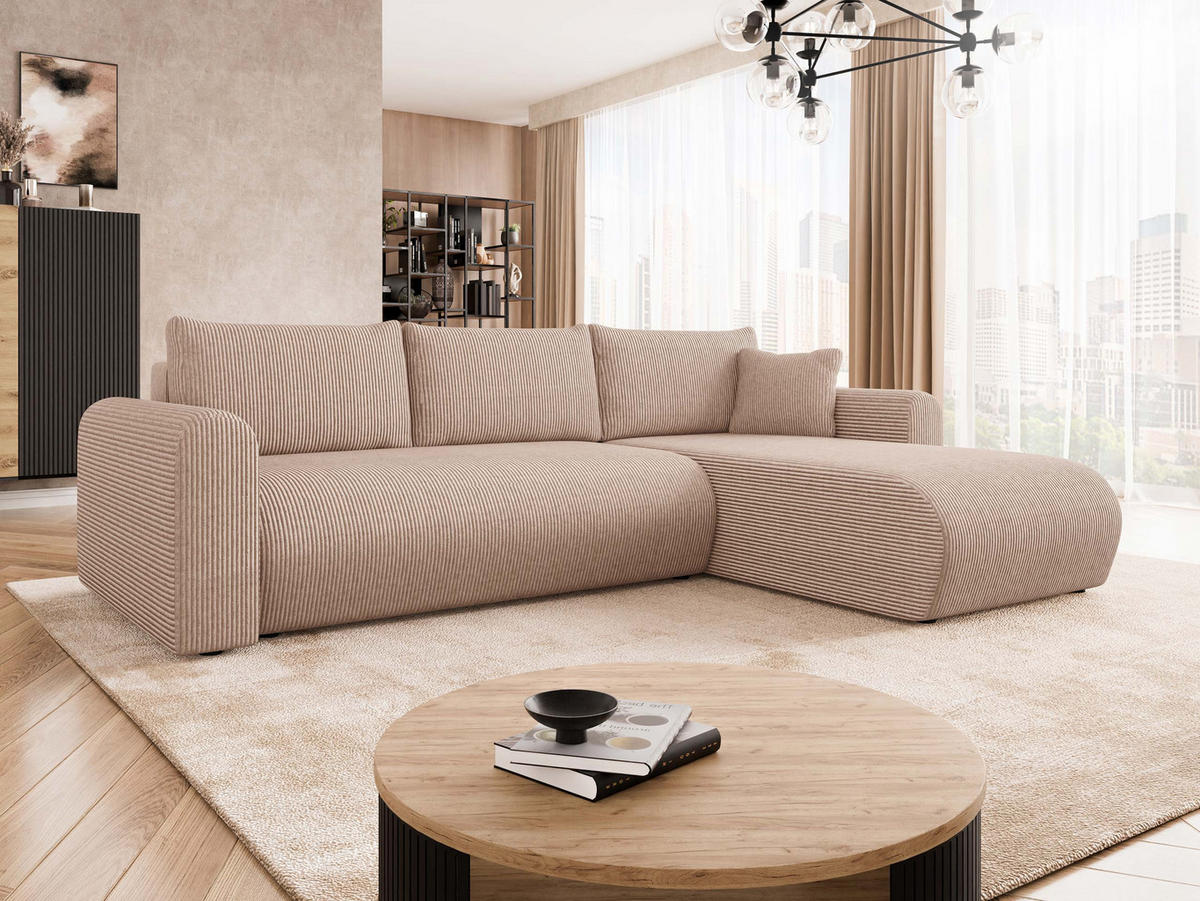 ECKSOFA Eliwo Cord - Hellbraun/Schwarz, Holz/Textil (252/158cm) - MIRJAN24